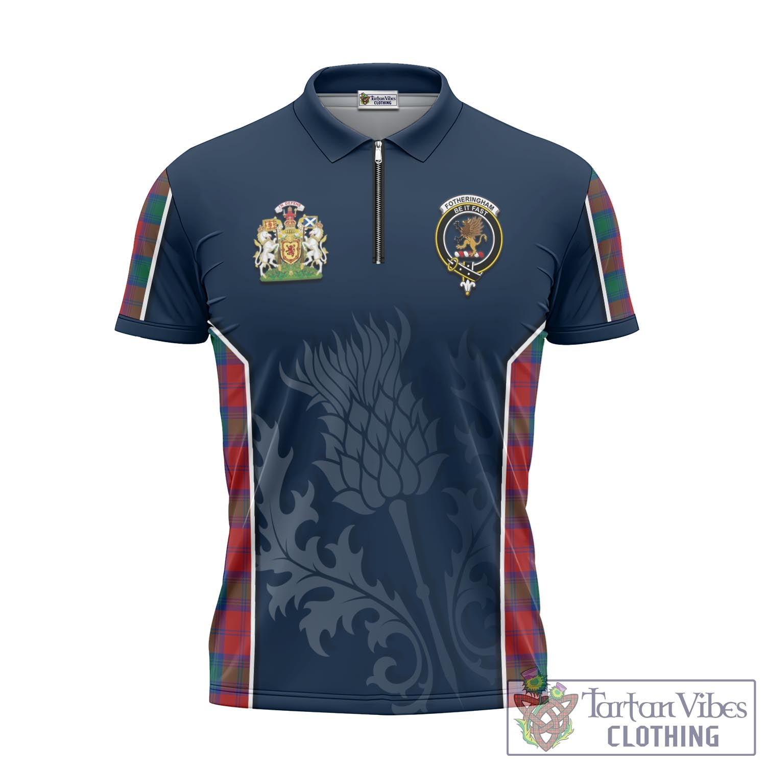 Tartan Vibes Clothing Fotheringham Modern Tartan Zipper Polo Shirt with Family Crest and Scottish Thistle Vibes Sport Style