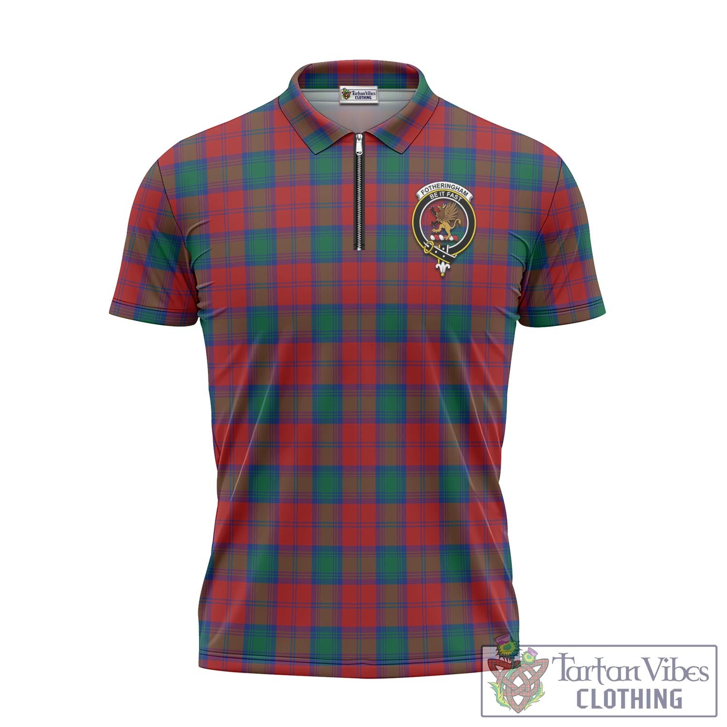 Tartan Vibes Clothing Fotheringham Modern Tartan Zipper Polo Shirt with Family Crest