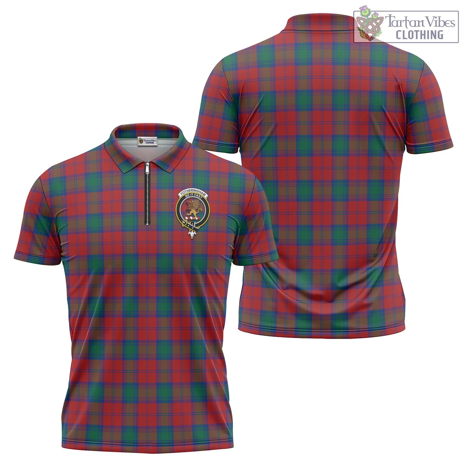 Tartan Vibes Clothing Fotheringham Modern Tartan Zipper Polo Shirt with Family Crest