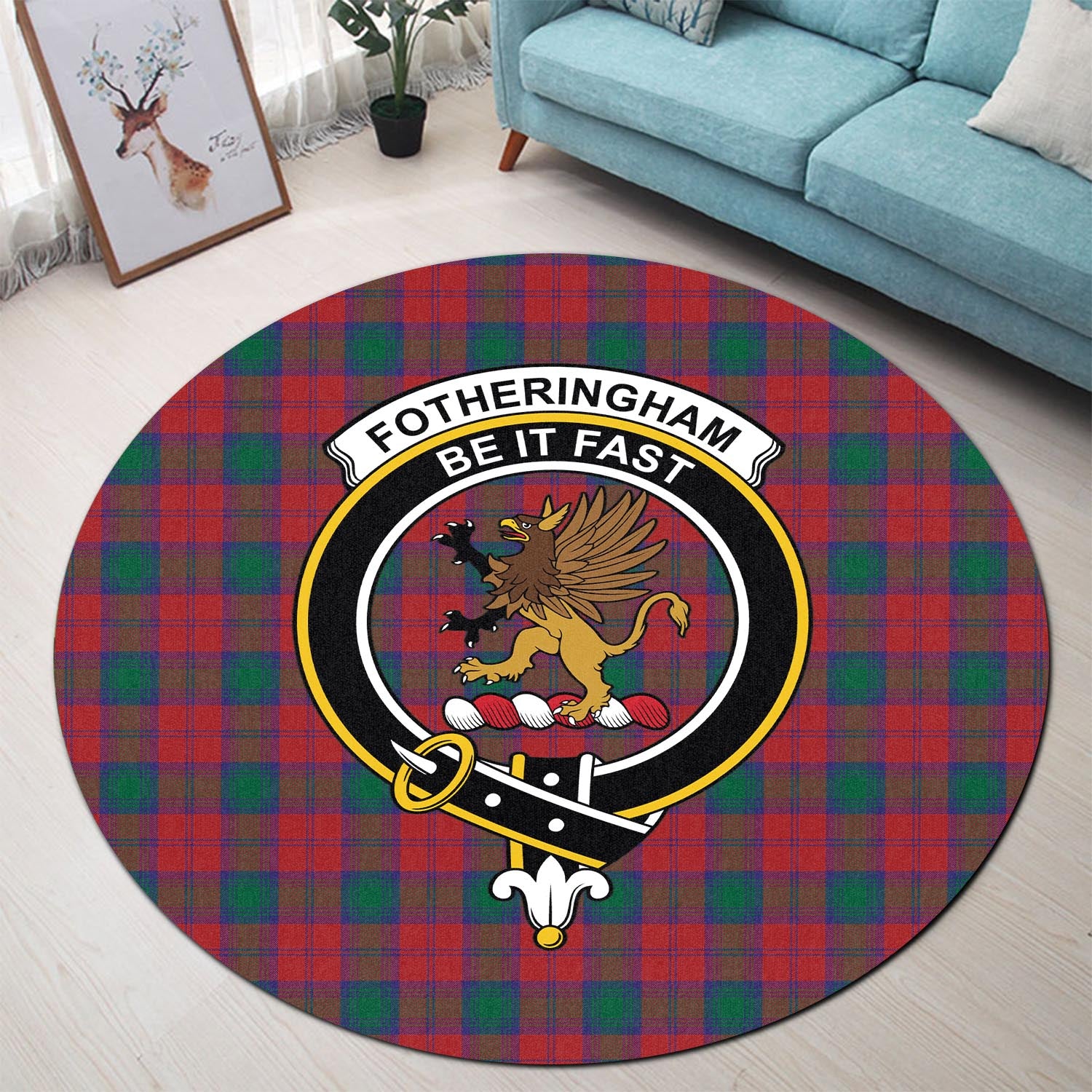 Fotheringham Modern Tartan Round Rug with Family Crest - Tartanvibesclothing