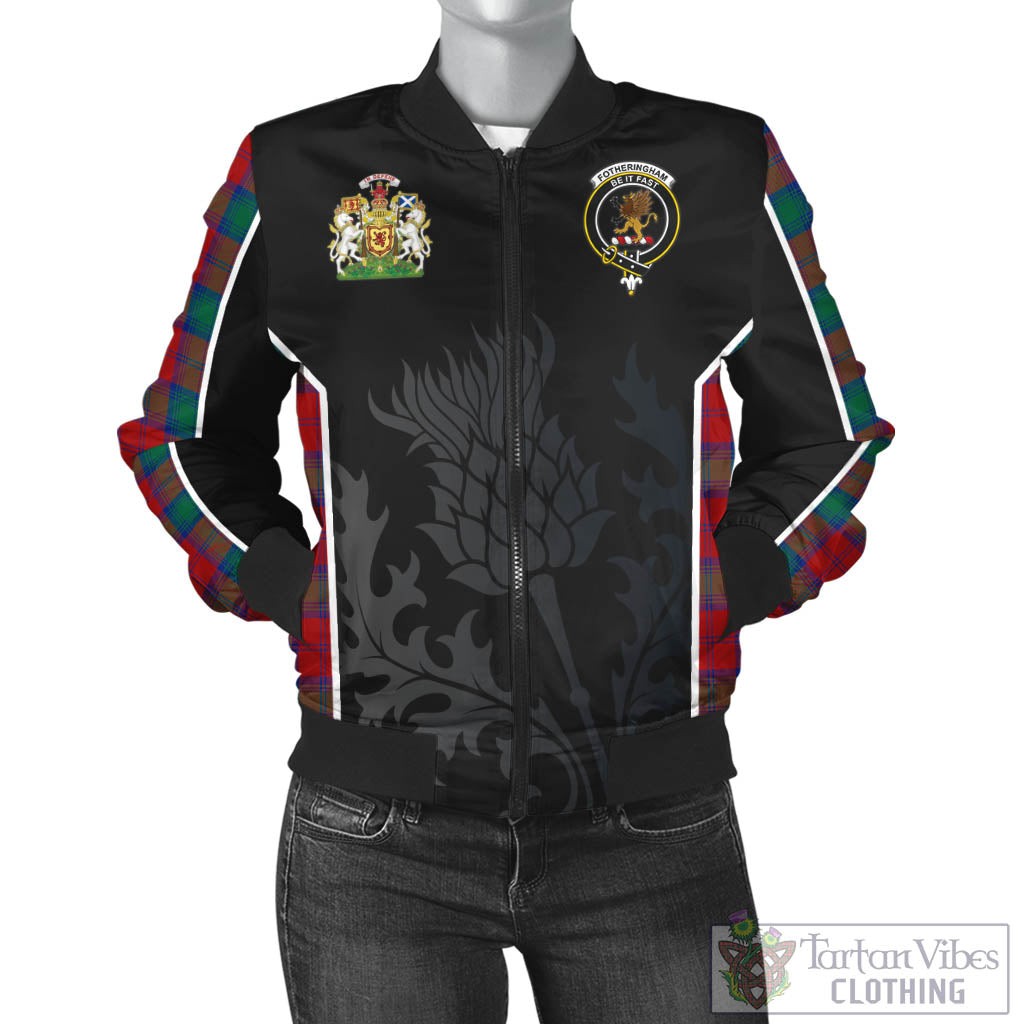 Tartan Vibes Clothing Fotheringham Modern Tartan Bomber Jacket with Family Crest and Scottish Thistle Vibes Sport Style
