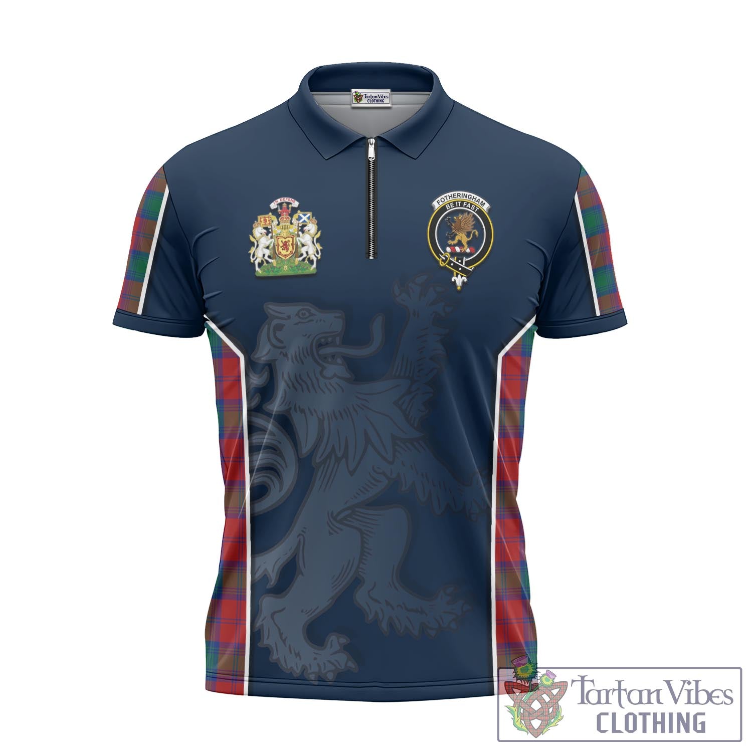 Tartan Vibes Clothing Fotheringham Modern Tartan Zipper Polo Shirt with Family Crest and Lion Rampant Vibes Sport Style