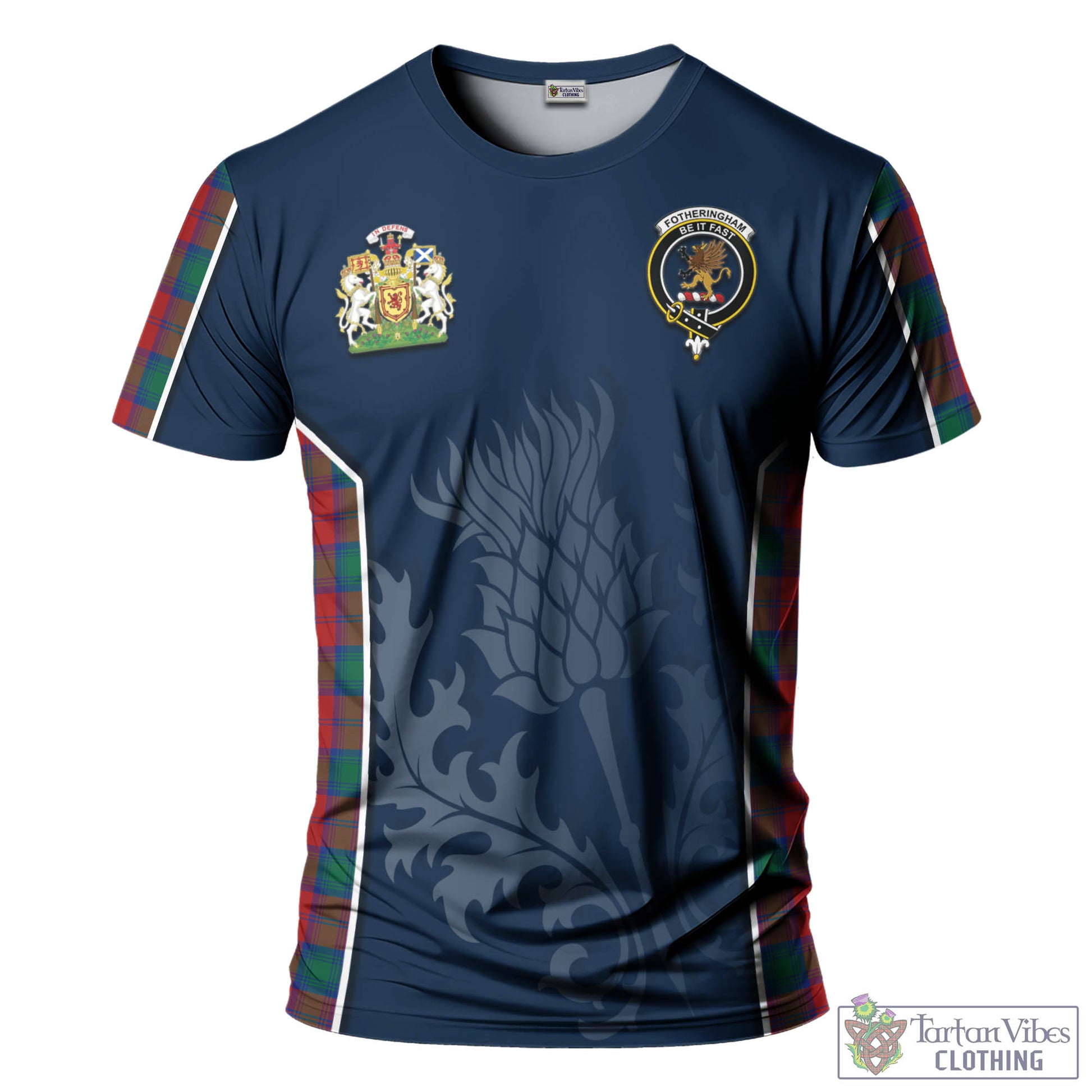 Tartan Vibes Clothing Fotheringham Modern Tartan T-Shirt with Family Crest and Scottish Thistle Vibes Sport Style