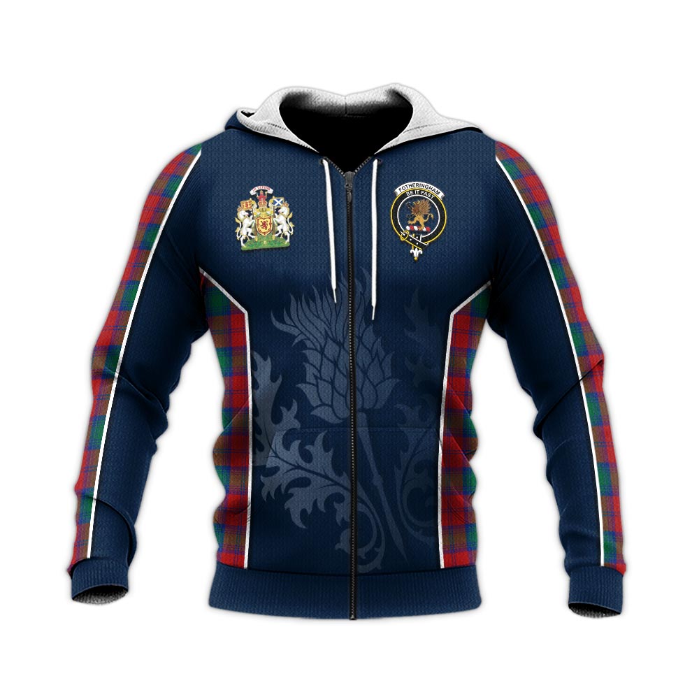 Tartan Vibes Clothing Fotheringham Modern Tartan Knitted Hoodie with Family Crest and Scottish Thistle Vibes Sport Style