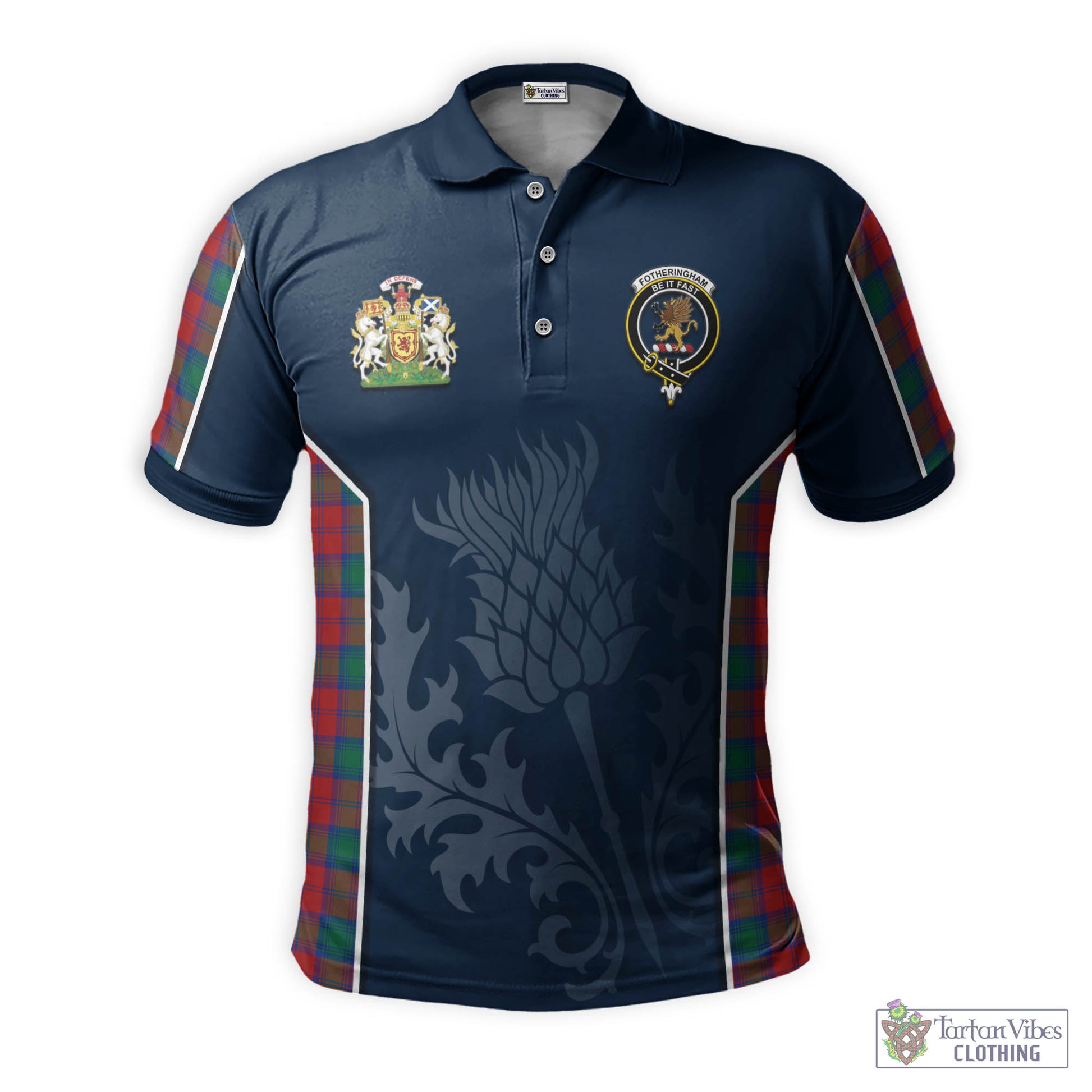 Tartan Vibes Clothing Fotheringham Modern Tartan Men's Polo Shirt with Family Crest and Scottish Thistle Vibes Sport Style