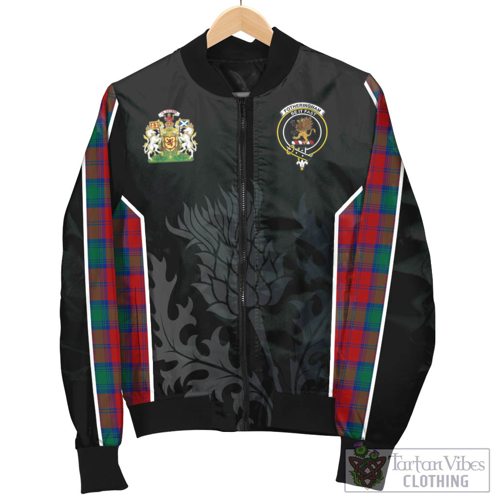 Tartan Vibes Clothing Fotheringham Modern Tartan Bomber Jacket with Family Crest and Scottish Thistle Vibes Sport Style