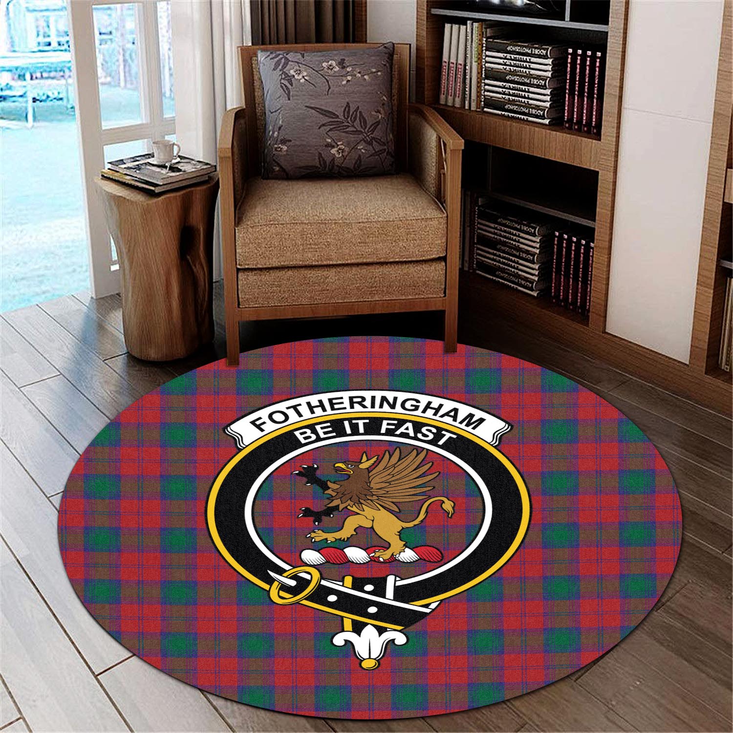 Fotheringham Modern Tartan Round Rug with Family Crest - Tartanvibesclothing