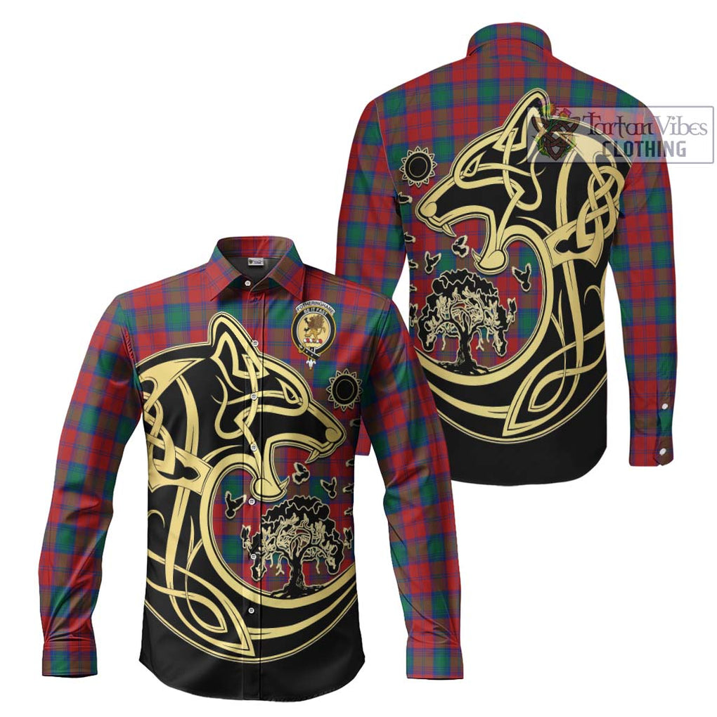 Fotheringhame Tartan Long Sleeve Button Shirt with Family Crest Celtic Wolf Style Men's Shirt S - Tartan Vibes Clothing