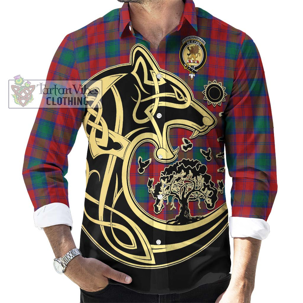 Fotheringhame Tartan Long Sleeve Button Shirt with Family Crest Celtic Wolf Style - Tartan Vibes Clothing