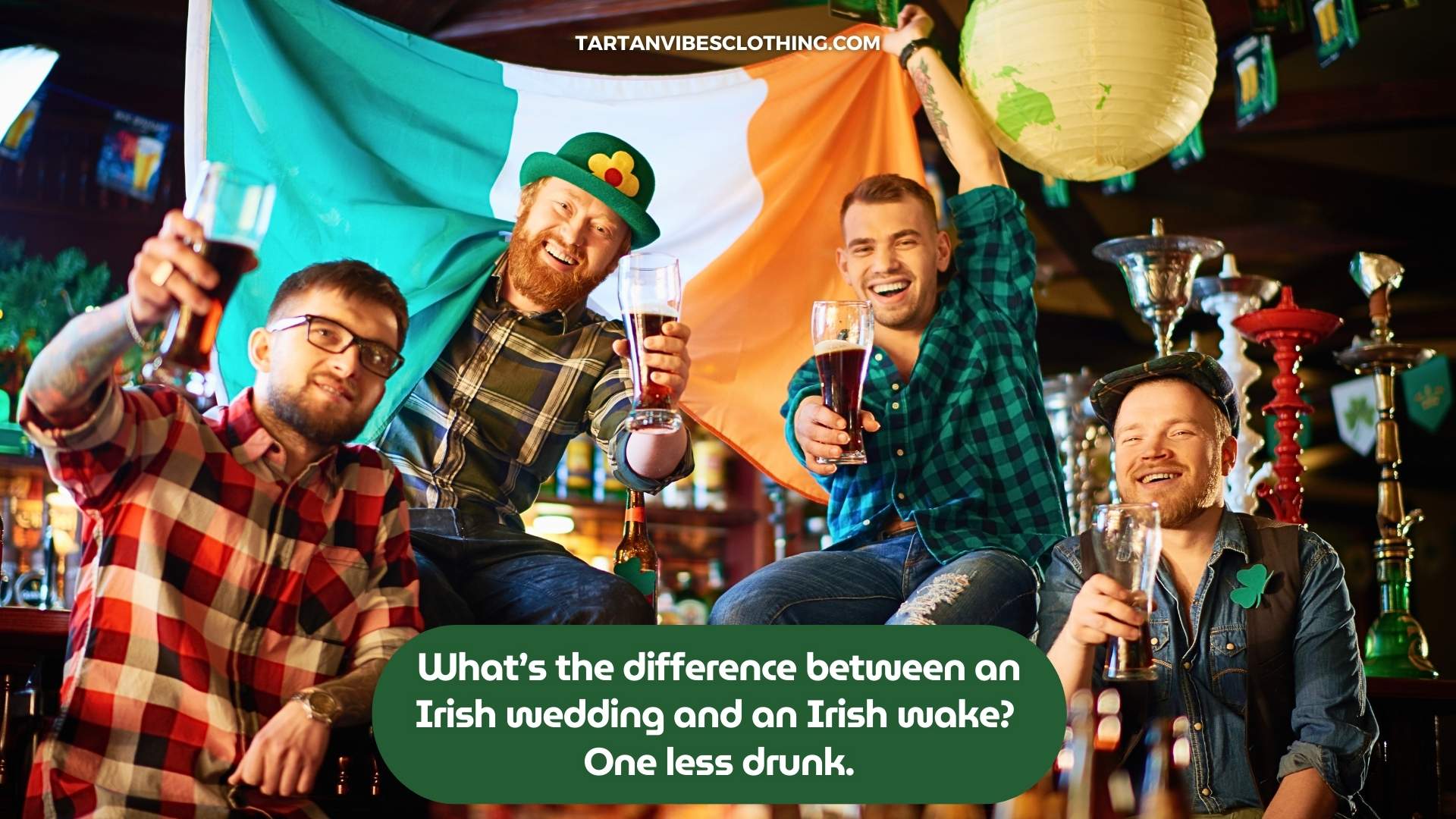 Group of men in an Irish pub laughing as an adult-themed Irish joke appears.