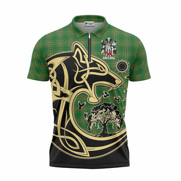 Foy Irish Tartan Zipper Polo Shirt with Coat of Arms Celtic Wolf Style