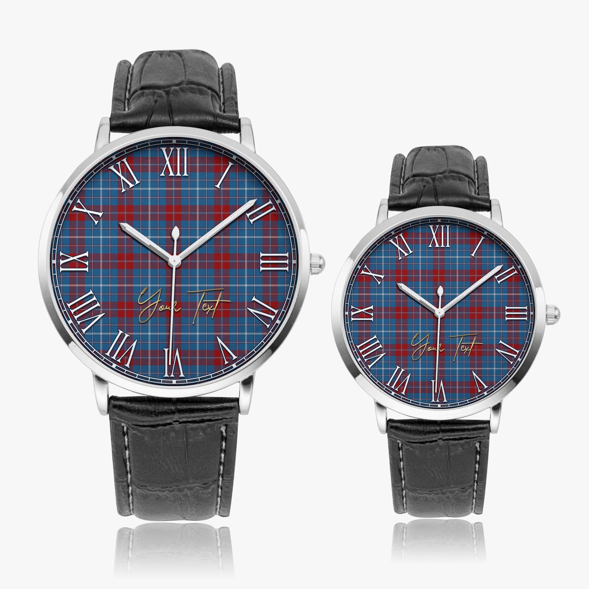 Frame Tartan Personalized Your Text Leather Trap Quartz Watch Ultra Thin Silver Case With Black Leather Strap - Tartanvibesclothing