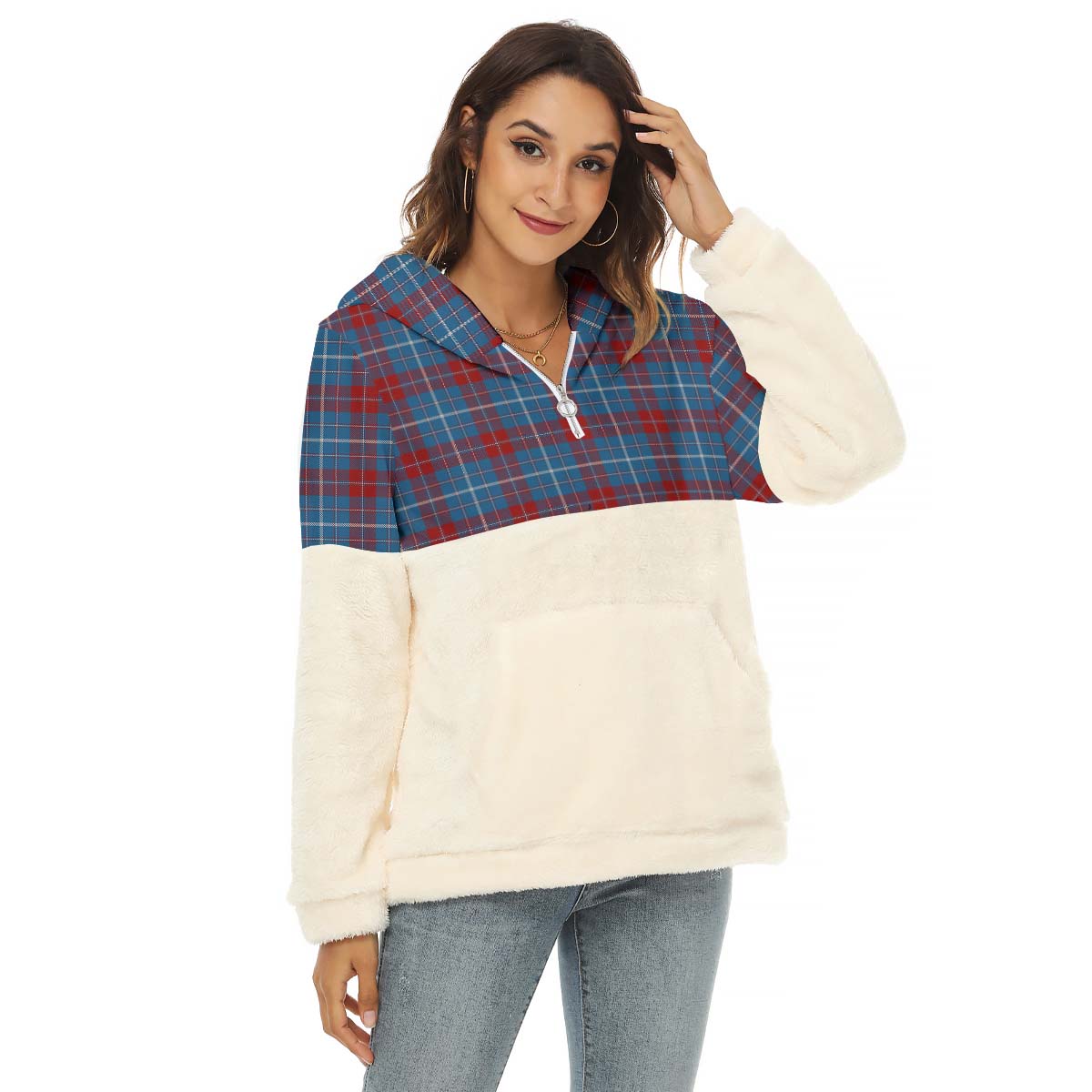 Frame Tartan Women's Borg Fleece Hoodie With Half Zip Female - Tartan Vibes Clothing