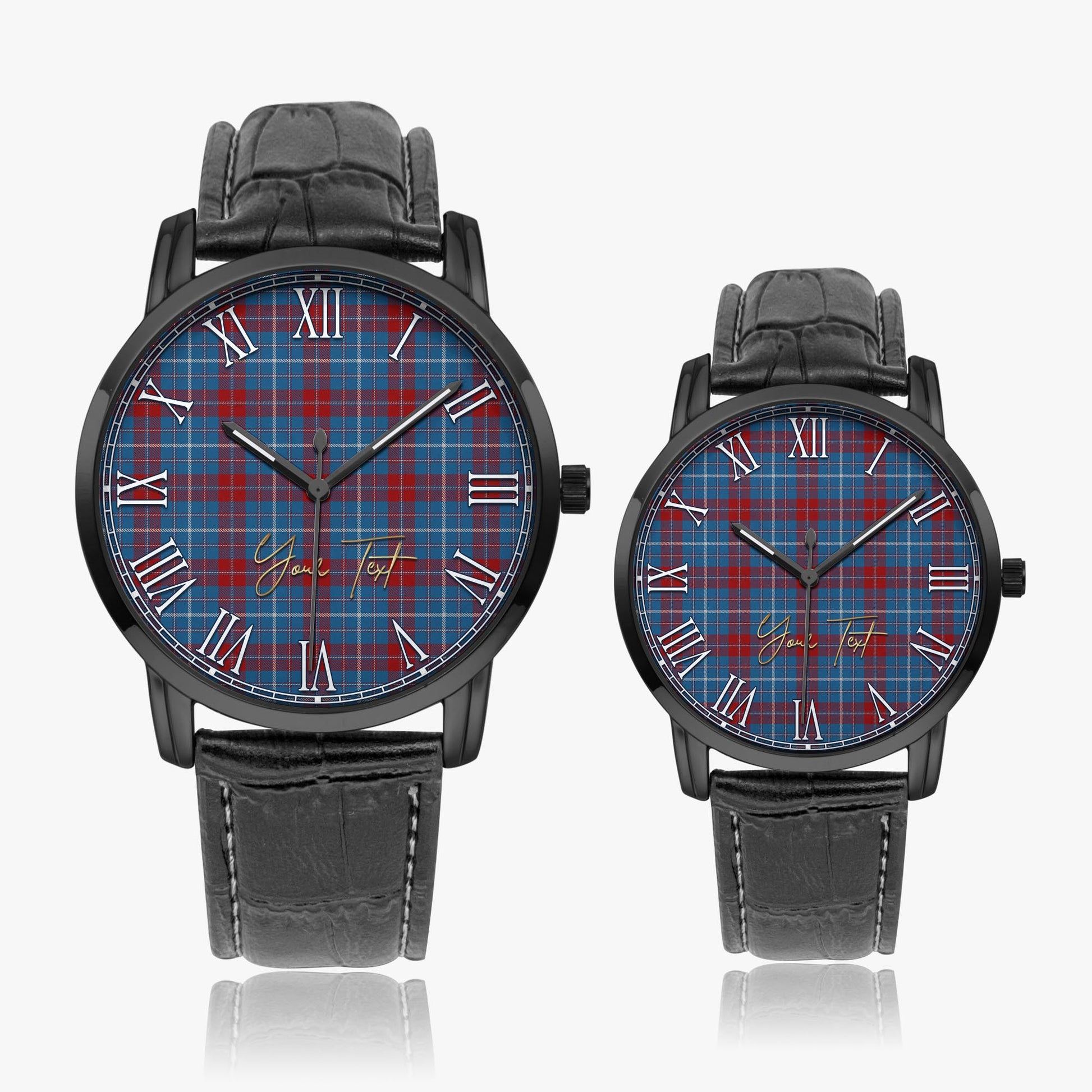 Frame Tartan Personalized Your Text Leather Trap Quartz Watch Wide Type Black Case With Black Leather Strap - Tartanvibesclothing
