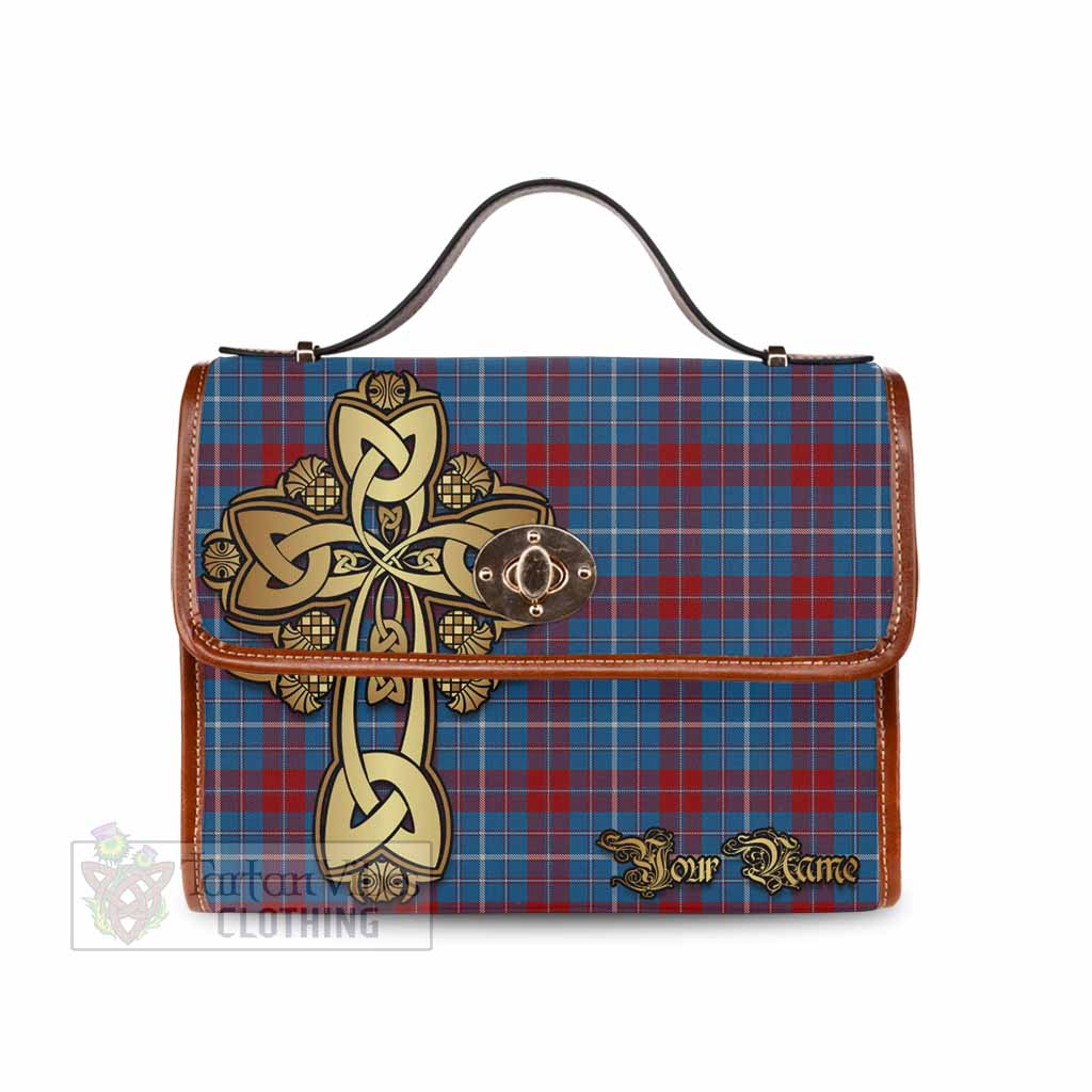 Tartan Vibes Clothing Frame Tartan Waterproof Canvas Bag Golden Thistle Celtic Cross Style