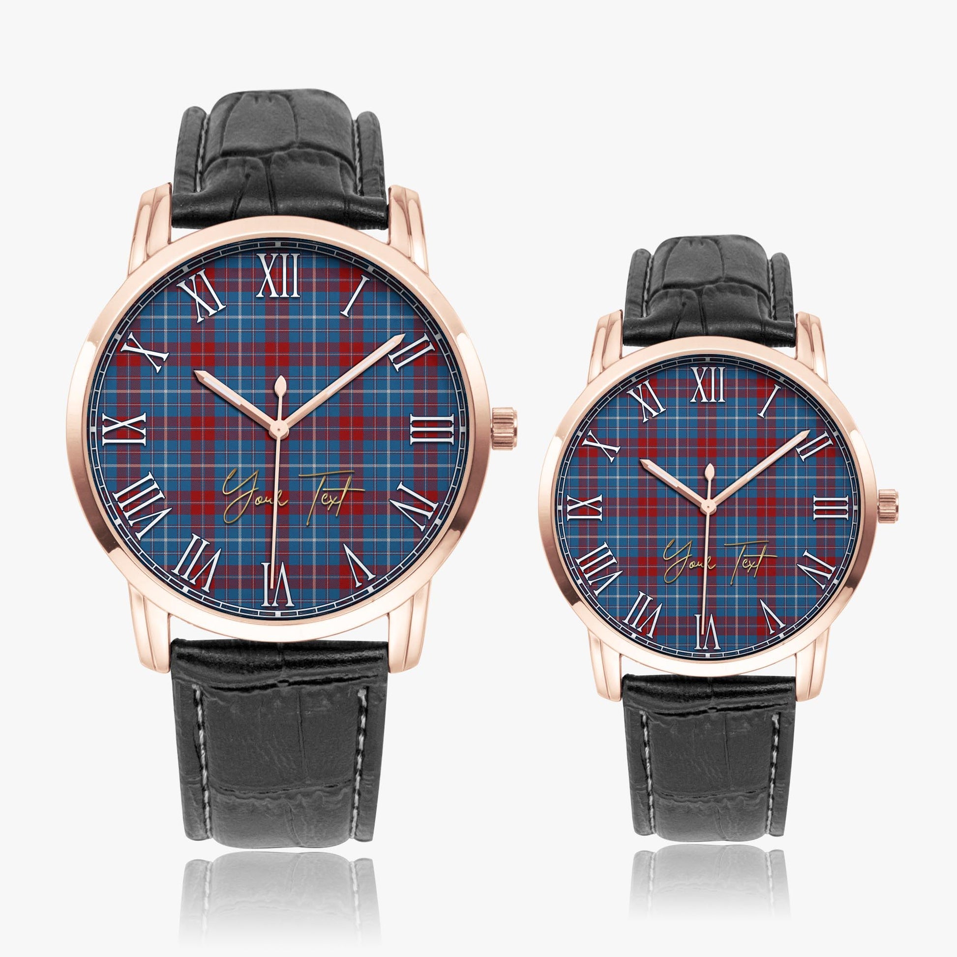Frame Tartan Personalized Your Text Leather Trap Quartz Watch Wide Type Rose Gold Case With Black Leather Strap - Tartanvibesclothing