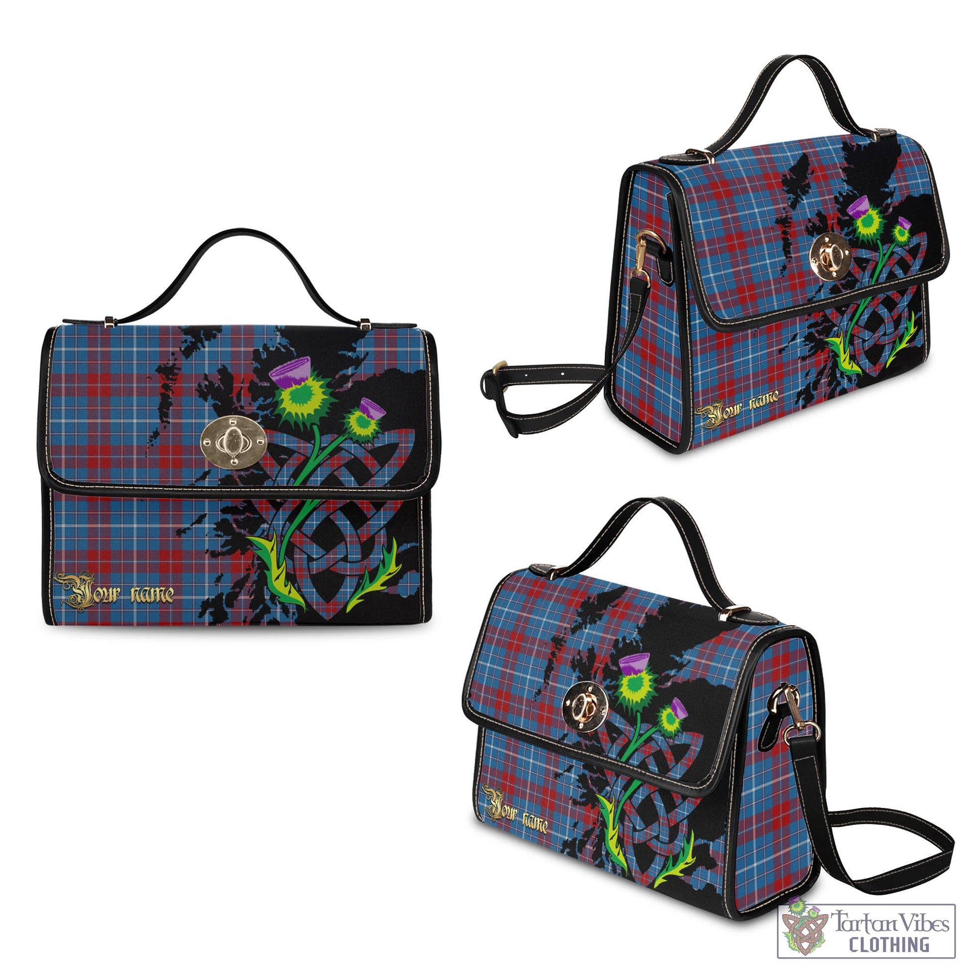 Tartan Vibes Clothing Frame Tartan Waterproof Canvas Bag with Scotland Map and Thistle Celtic Accents