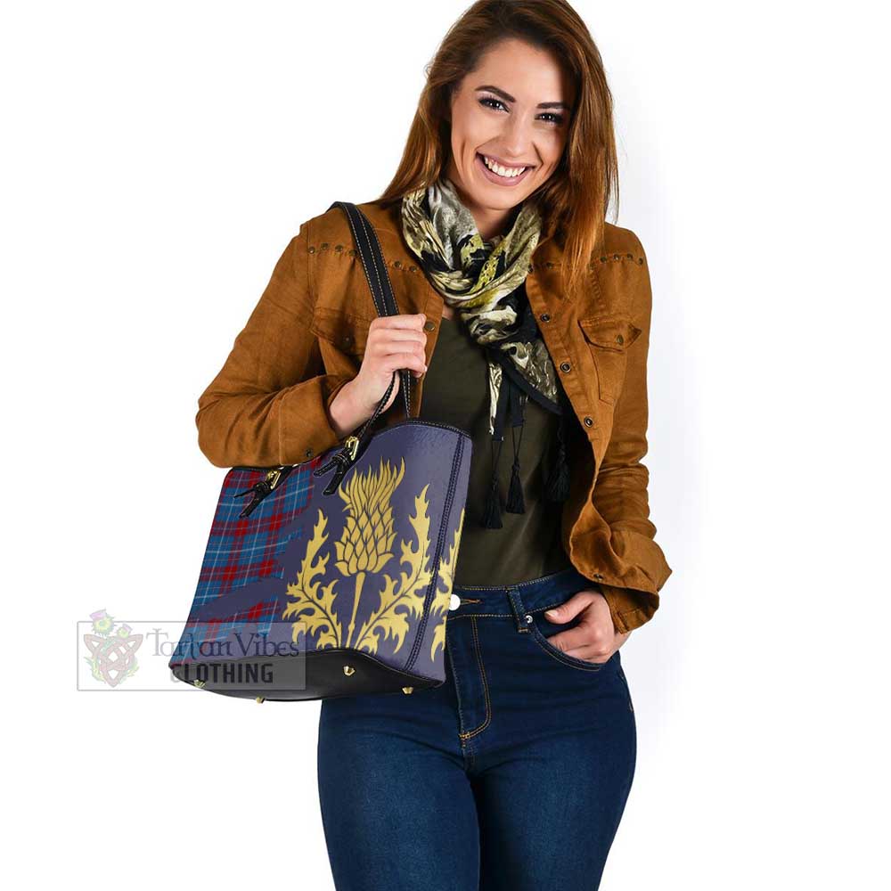 Tartan Vibes Clothing Frame Tartan Leather Tote Bag Gold Thistle Style