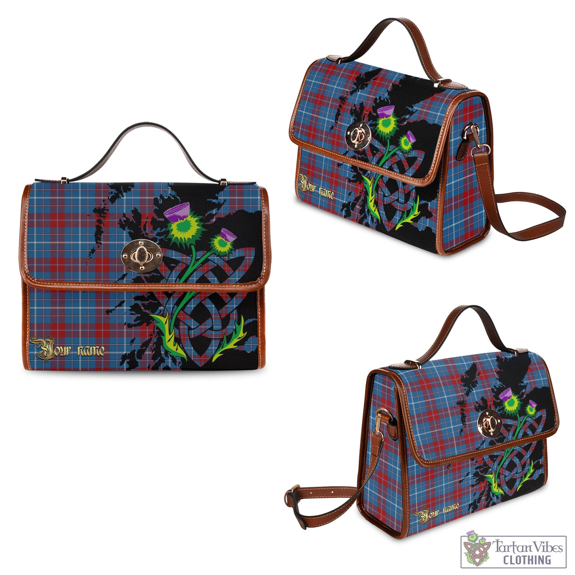 Tartan Vibes Clothing Frame Tartan Waterproof Canvas Bag with Scotland Map and Thistle Celtic Accents