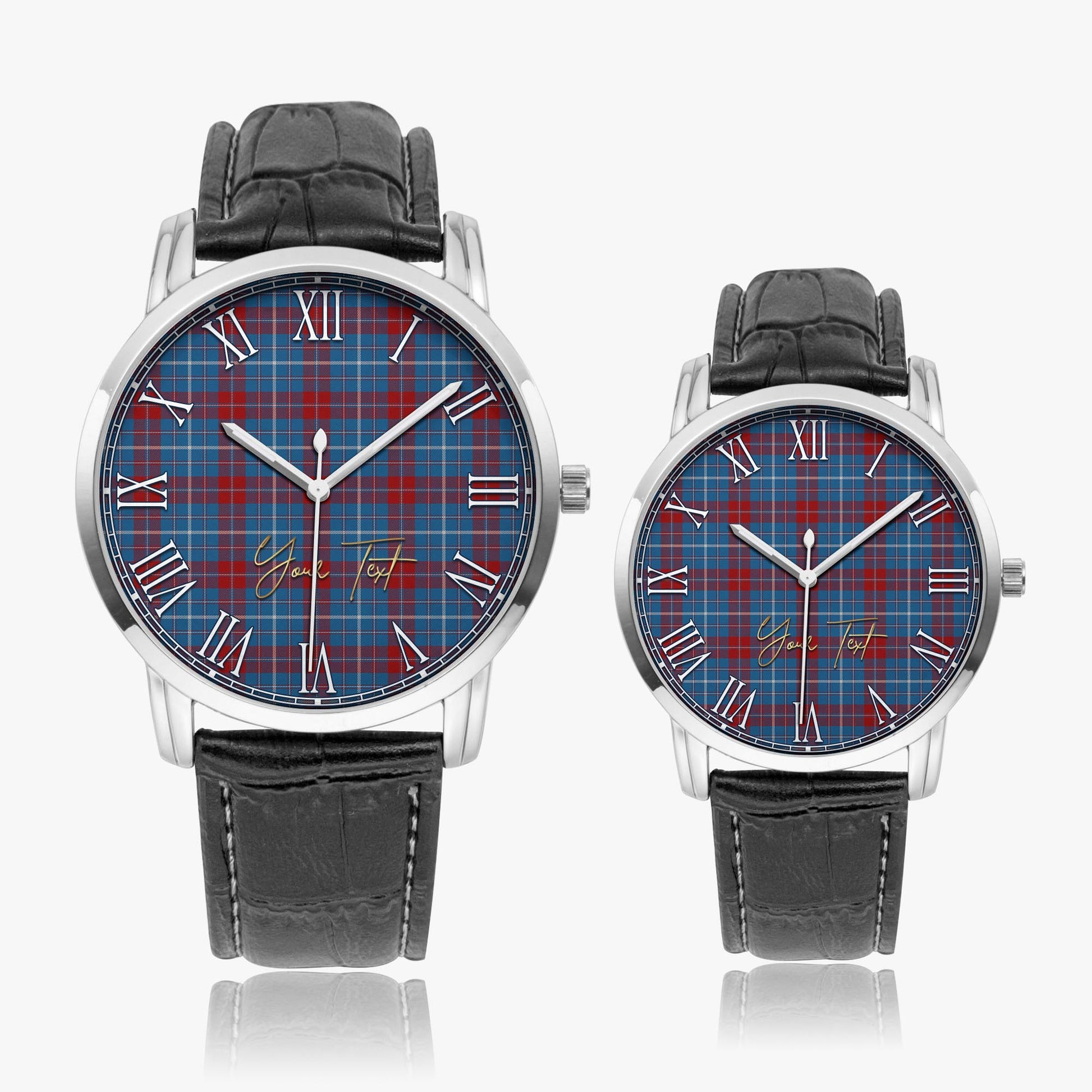Frame Tartan Personalized Your Text Leather Trap Quartz Watch Wide Type Silver Case With Black Leather Strap - Tartanvibesclothing