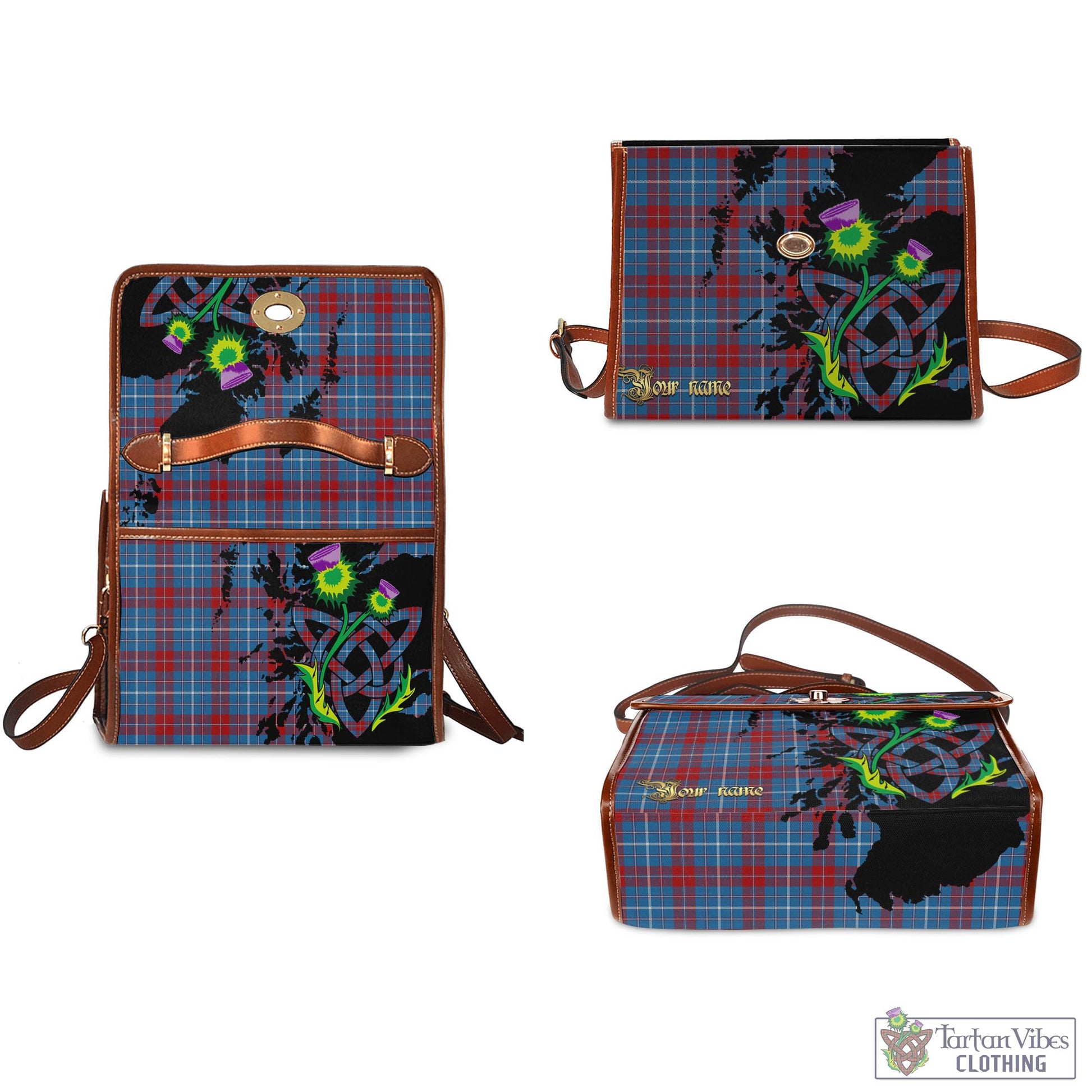 Tartan Vibes Clothing Frame Tartan Waterproof Canvas Bag with Scotland Map and Thistle Celtic Accents