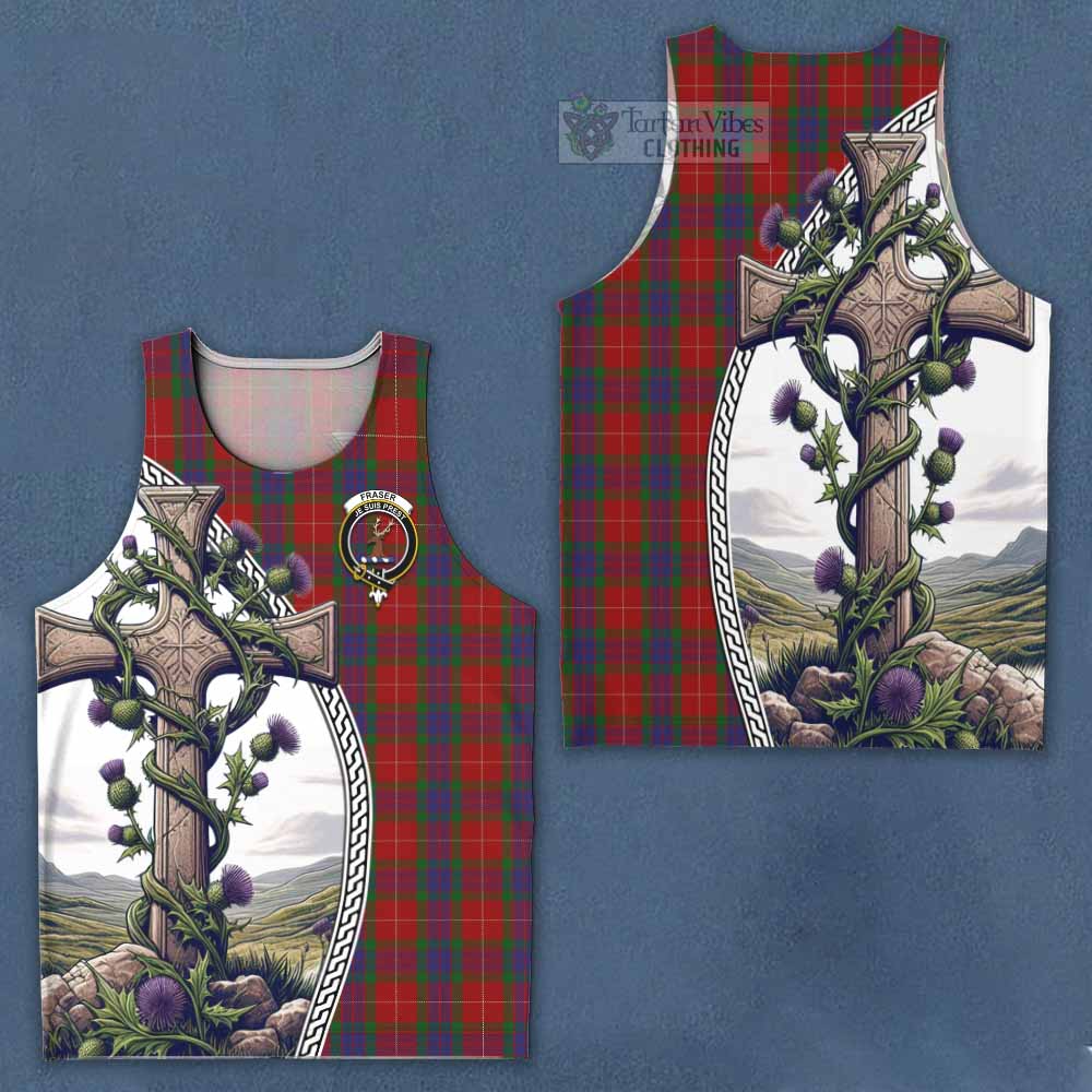 Tartan Vibes Clothing Fraser Tartan Men's Tank Top with Family Crest and St. Andrew's Cross Accented by Thistle Vines