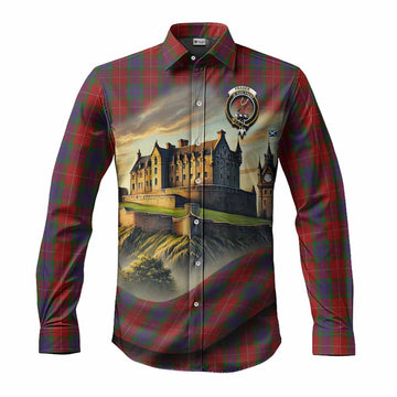 Fraser Tartan Family Crest Long Sleeve Button Shirt with Scottish Ancient Castle Style