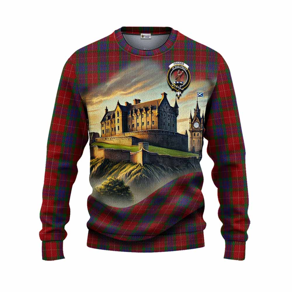 Tartan Vibes Clothing Fraser Tartan Family Crest Knitted Sweater with Scottish Ancient Castle Style