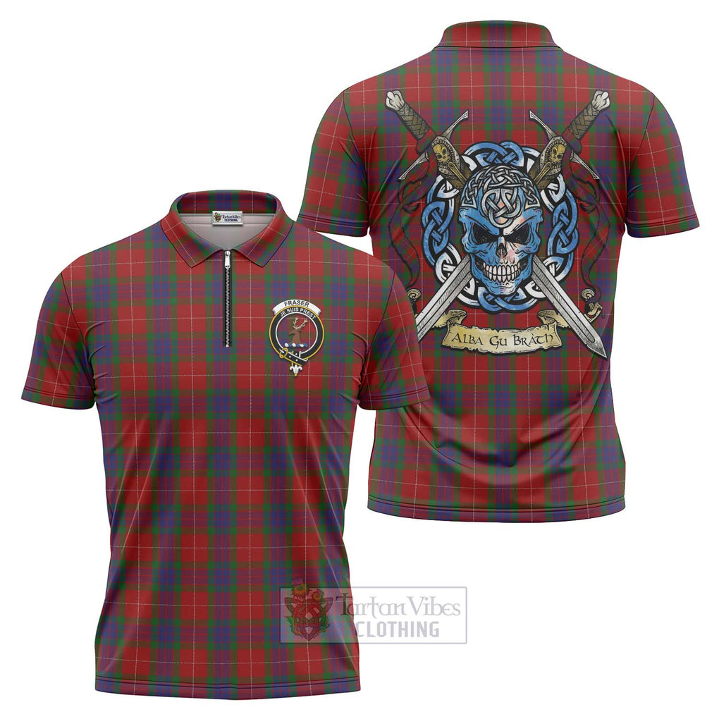 Fraser Tartan Zipper Polo Shirt with Family Crest Celtic Skull Style Unisex - Tartan Vibes Clothing