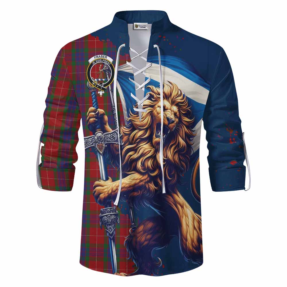 Tartan Vibes Clothing Fraser Tartan Family Crest Ghillie Kilt Shirt with Scottish Majestic Lion