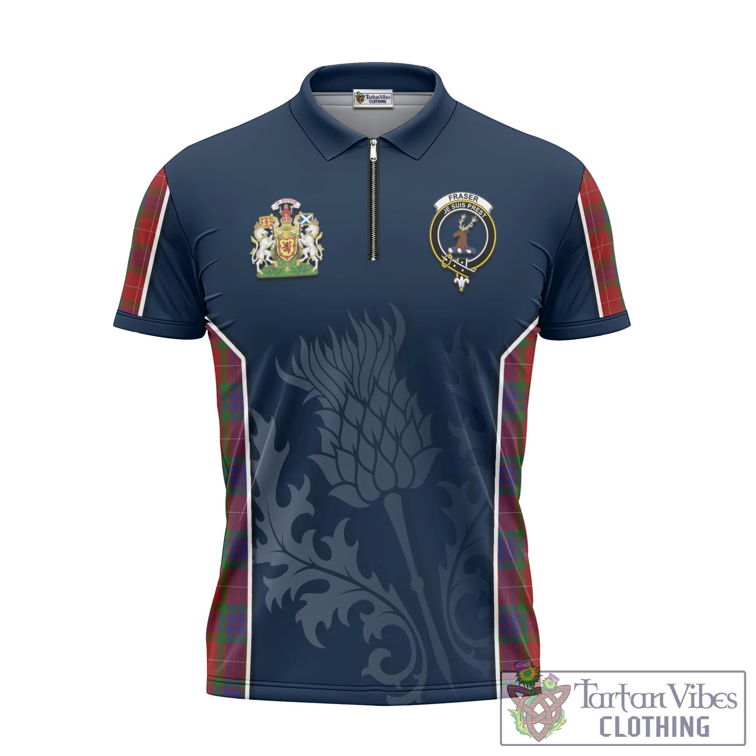 Tartan Vibes Clothing Fraser Tartan Zipper Polo Shirt with Family Crest and Scottish Thistle Vibes Sport Style