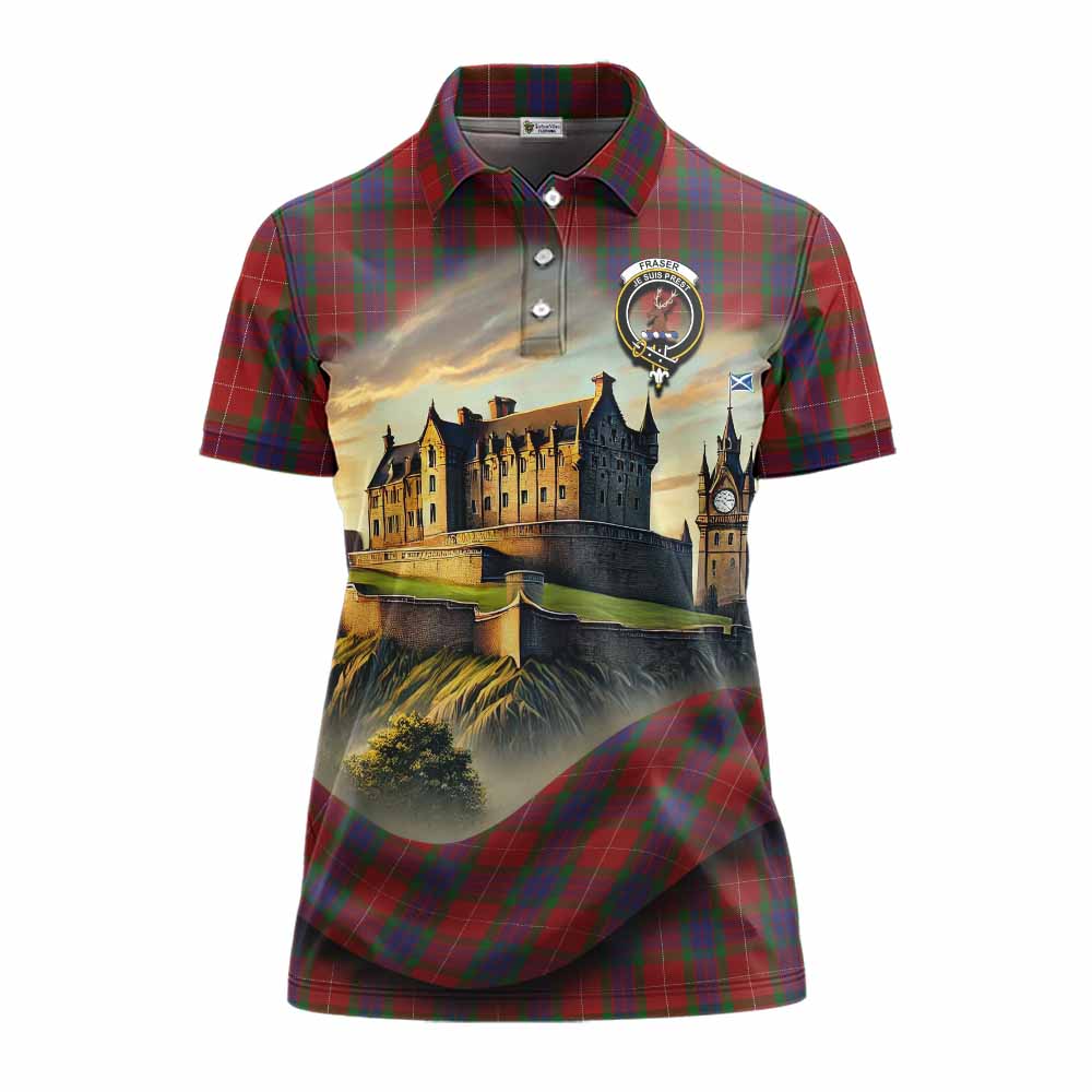 Tartan Vibes Clothing Fraser Tartan Family Crest Women's Polo Shirt with Scottish Ancient Castle Stype