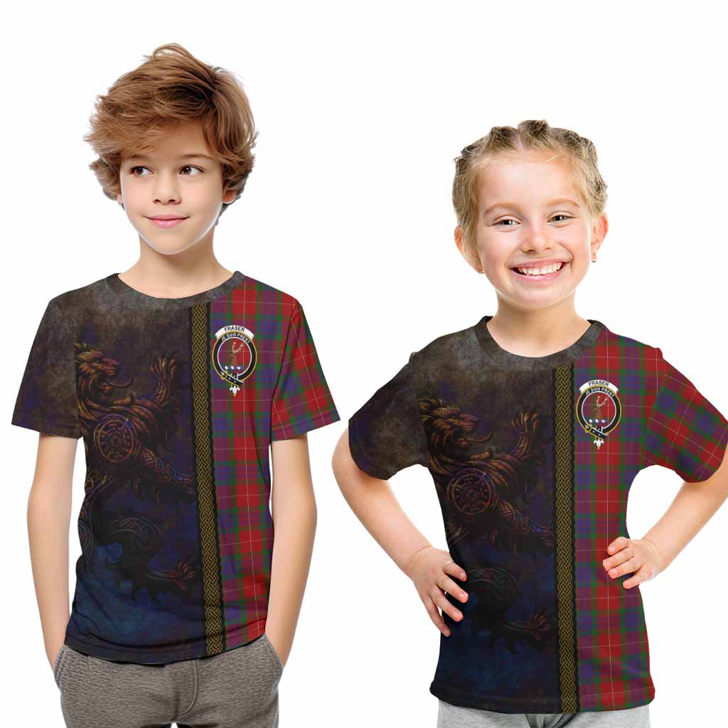 Tartan Vibes Clothing Fraser Tartan Family Crest Kid T-Shirt Alba Gu Brath Be Brave Lion Ancient Style