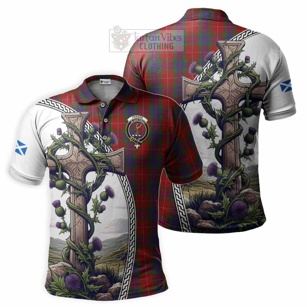 Tartan Vibes Clothing Fraser Tartan Polo Shirt with Family Crest and St. Andrew's Cross Accented by Thistle Vines