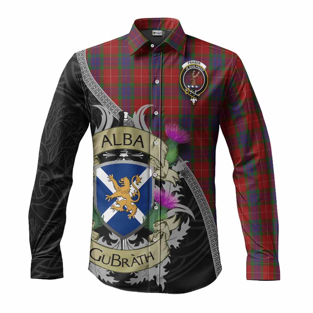 Tartan Vibes Clothing Fraser Tartan Family Crest Long Sleeve Button Shirt Lion Rampant Royal Thistle Shield Celtic Inspired