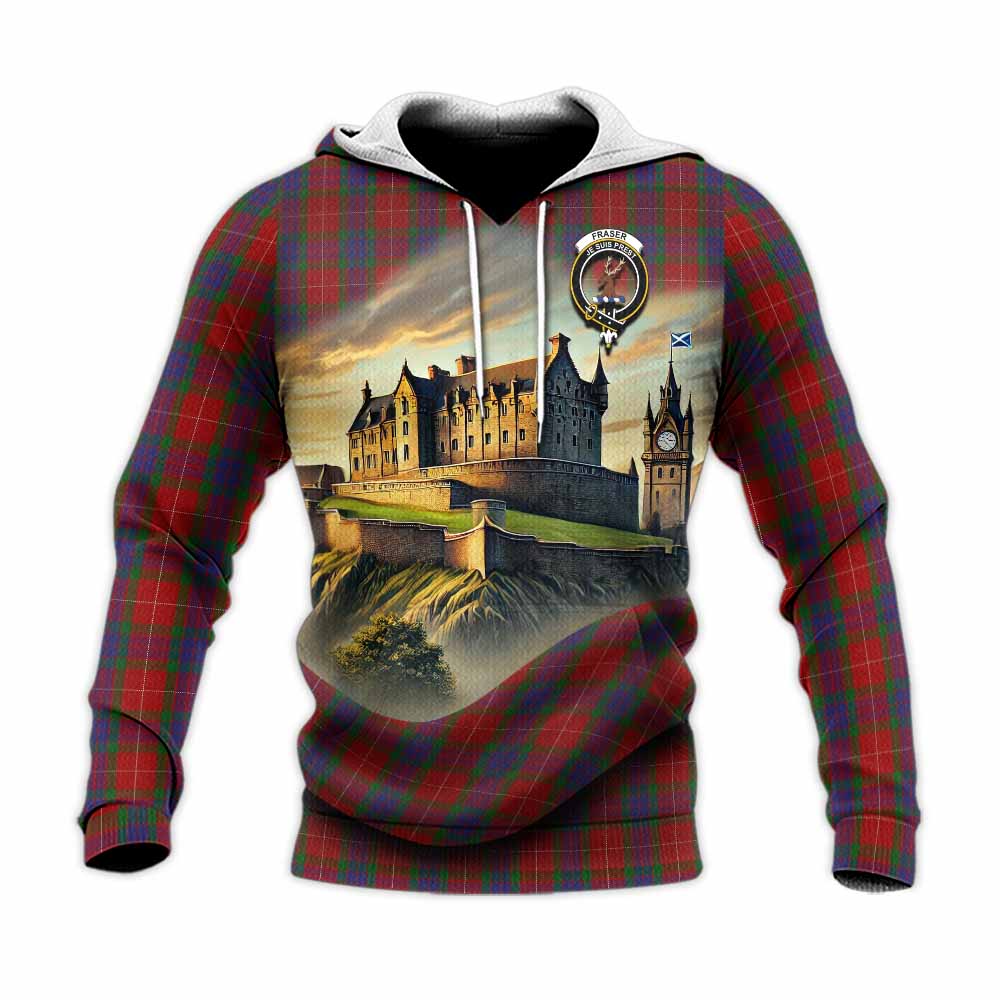 Tartan Vibes Clothing Fraser Tartan Family Crest Knitted Hoodie with Scottish Ancient Castle Style