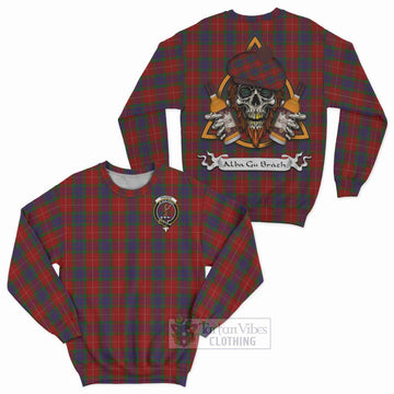 Tartan Vibes Clothing Fraser Tartan Sweatshirt with Family Crest and Bearded Skull Holding Bottles of Whiskey