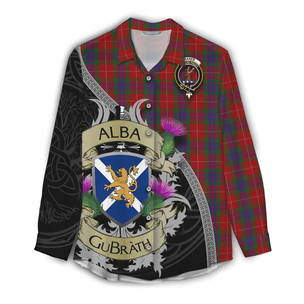 Tartan Vibes Clothing Fraser Tartan Family Crest Women's Casual Shirt Lion Rampant Royal Thistle Shield Celtic Inspired