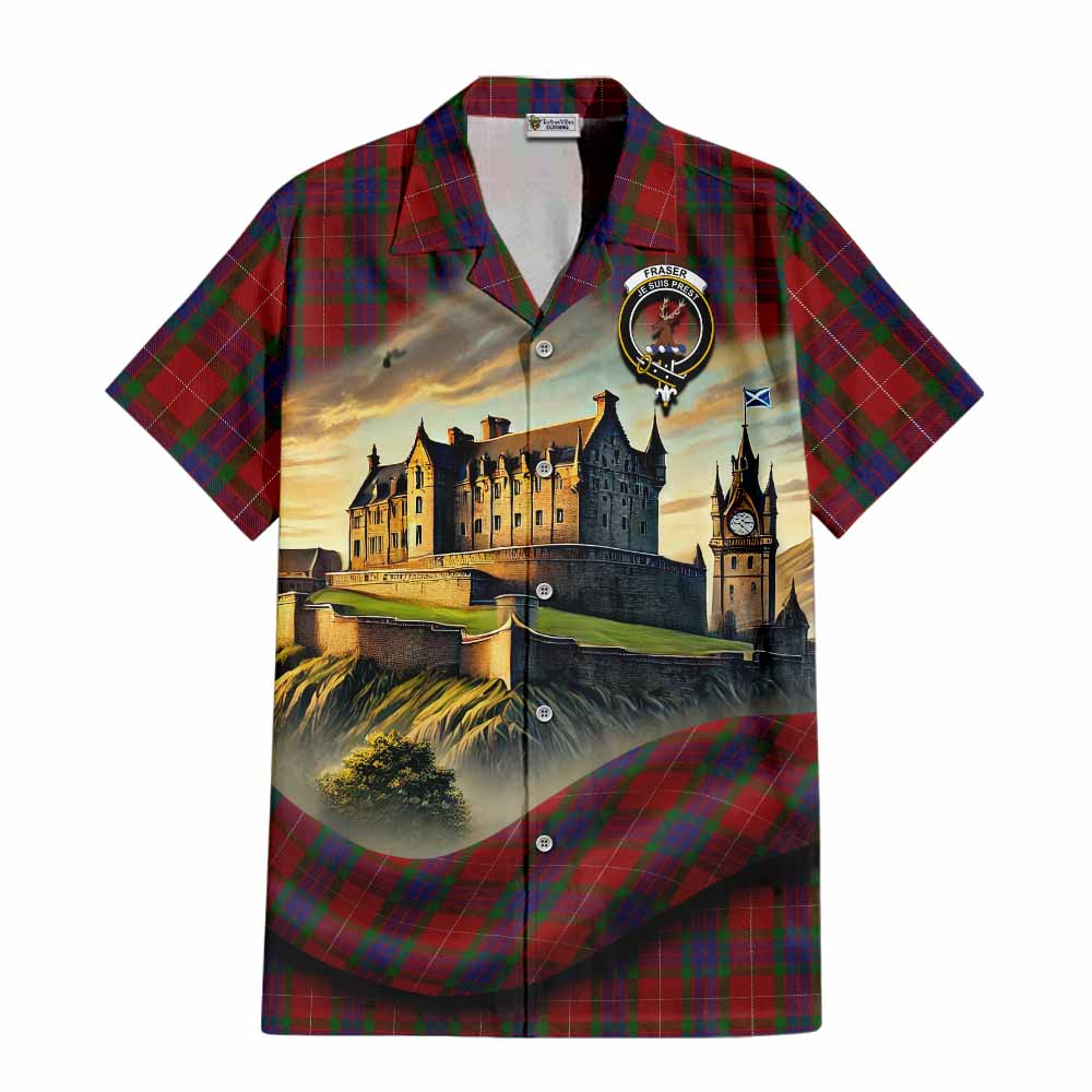 Tartan Vibes Clothing Fraser Tartan Family Crest Short Sleeve Button Shirt with Scottish Ancient Castle Style