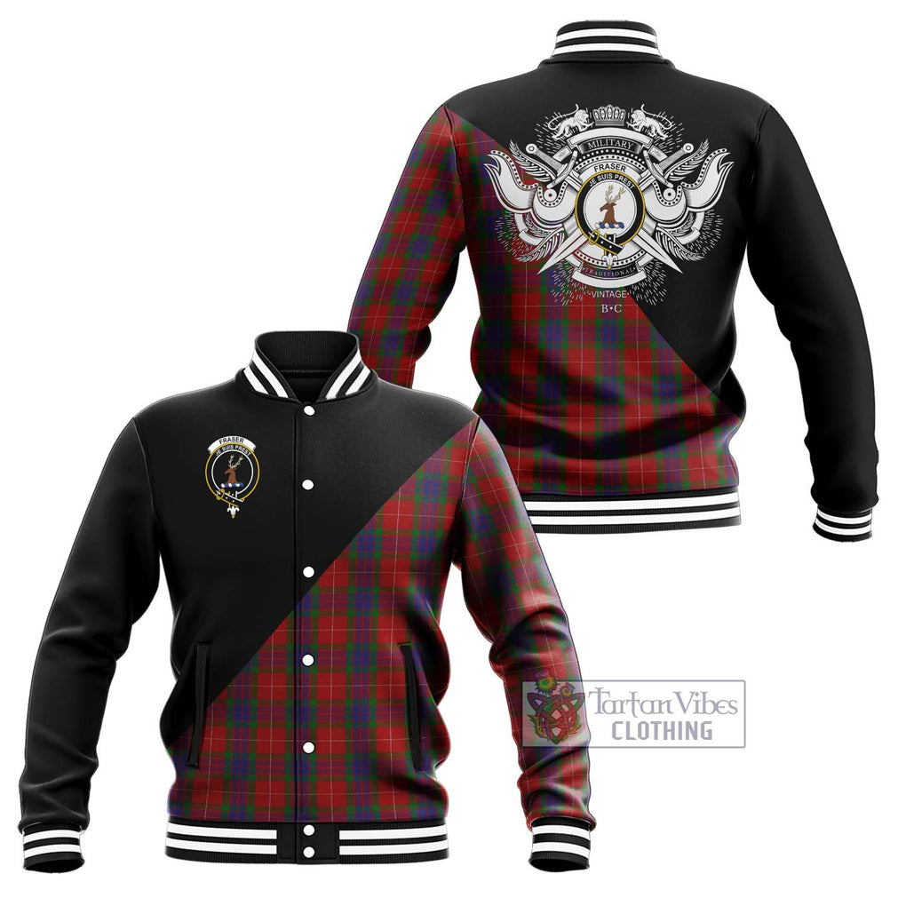 Fraser Tartan Baseball Jacket with Family Crest and Military Logo Style Unisex - Tartanvibesclothing Shop