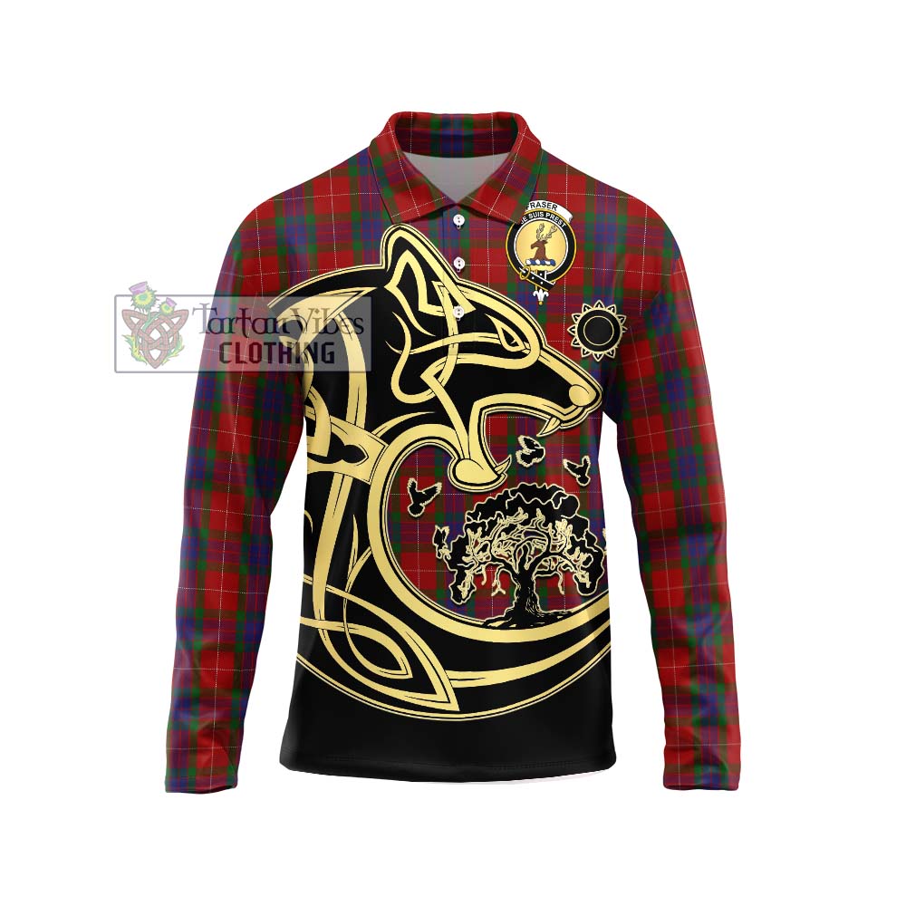 Fraser Tartan Long Sleeve Polo Shirt with Family Crest Celtic Wolf Style Unisex - Tartanvibesclothing Shop