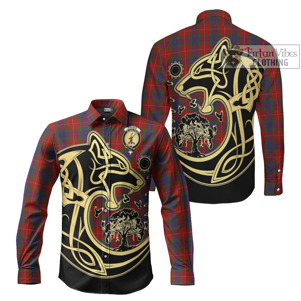 Fraser Tartan Long Sleeve Button Shirt with Family Crest Celtic Wolf Style Men's Shirt S - Tartan Vibes Clothing