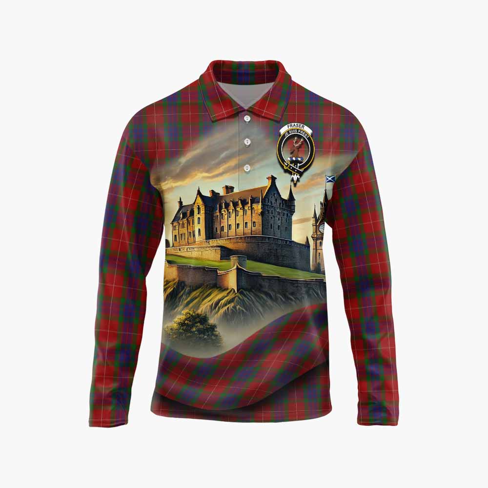 Tartan Vibes Clothing Fraser Tartan Family Crest Long Sleeve Polo Shirt with Scottish Ancient Castle Style