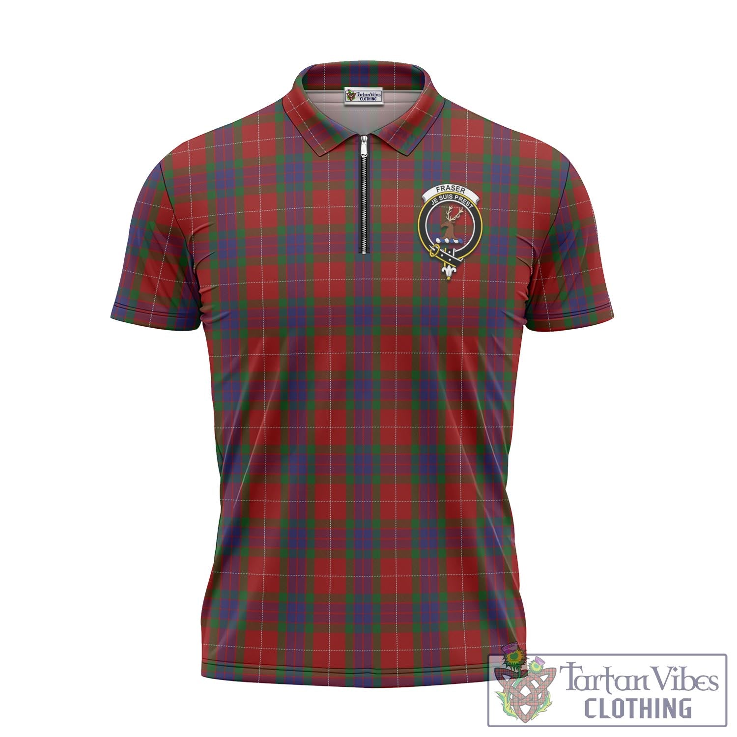 Tartan Vibes Clothing Fraser Tartan Zipper Polo Shirt with Family Crest