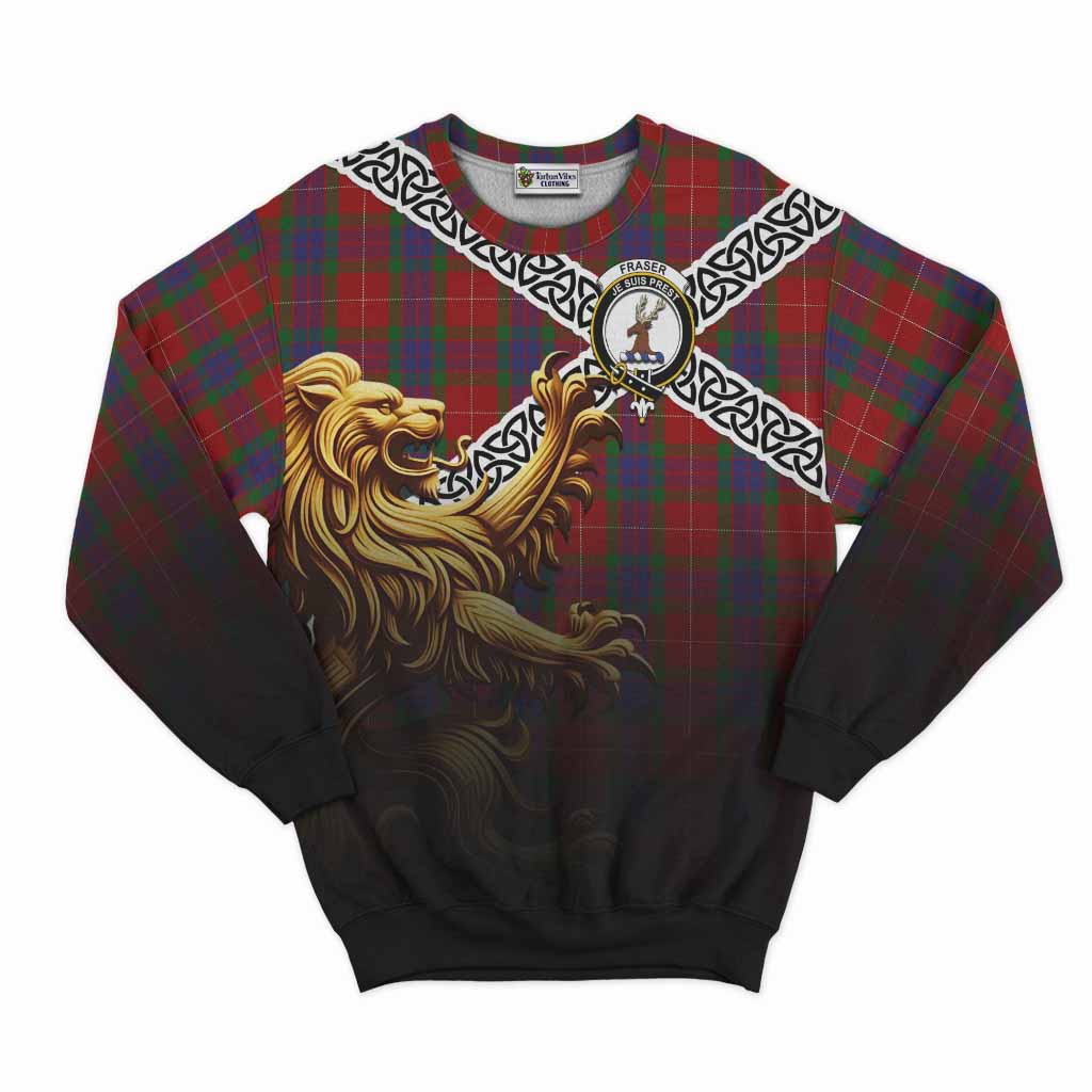 Tartan Vibes Clothing Fraser Crest Tartan Sweatshirt with Golden Lion Emblem Celtic Style