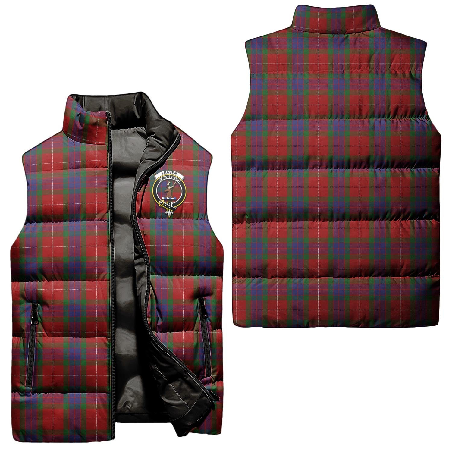 Fraser Tartan Sleeveless Puffer Jacket with Family Crest Unisex - Tartanvibesclothing