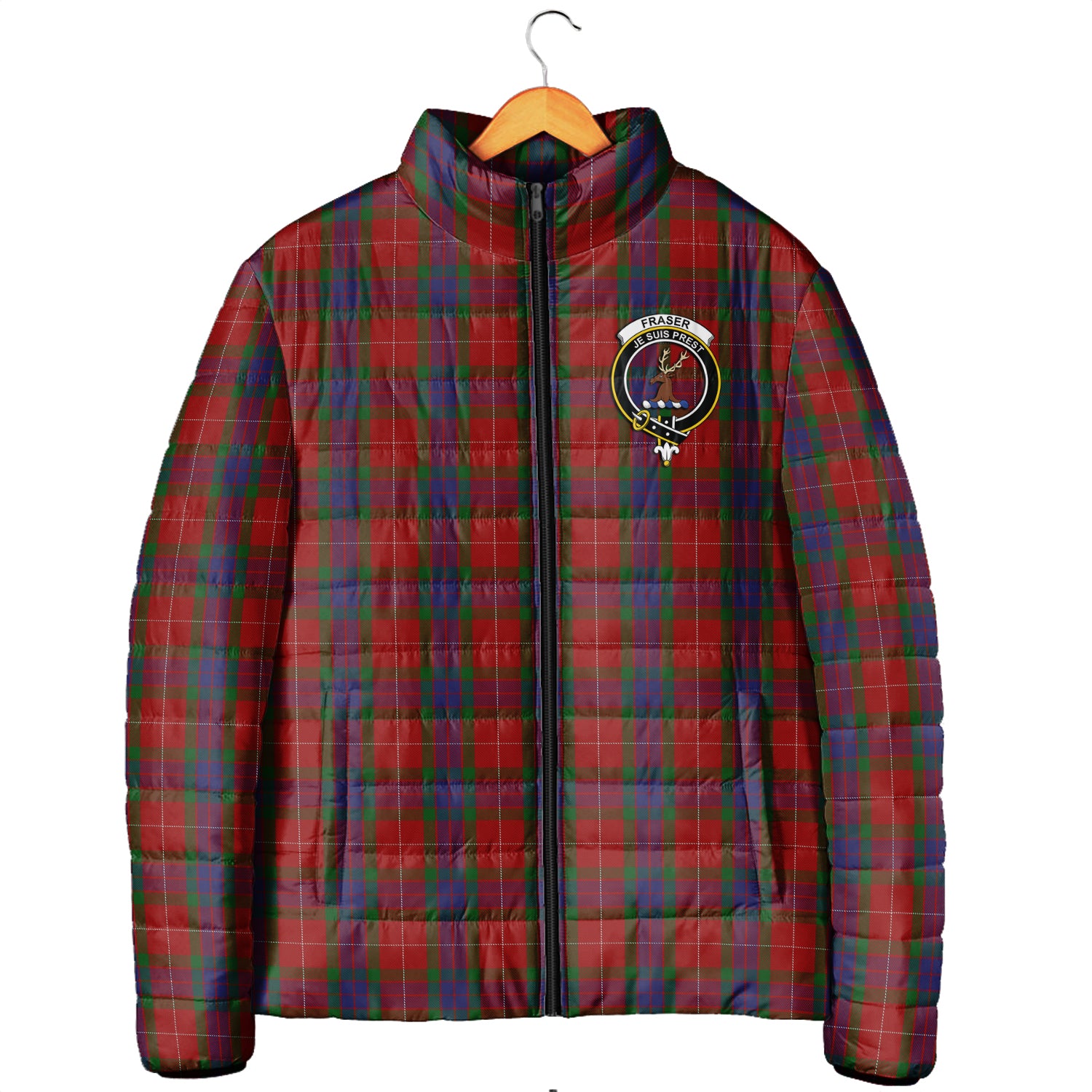 Fraser Tartan Padded Jacket with Family Crest Men's Padded Jacket - Tartan Vibes Clothing