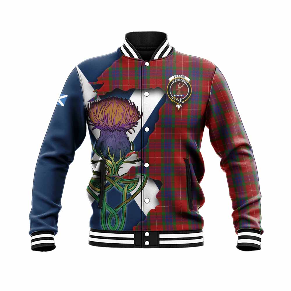 Tartan Vibes Clothing Fraser Tartan Family Crest Baseball Jacket Scottish Thistle Celtic Inspired