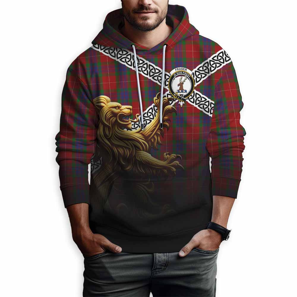 Tartan Vibes Clothing Fraser Crest Tartan Hoodie with Golden Lion Emblem Celtic Style