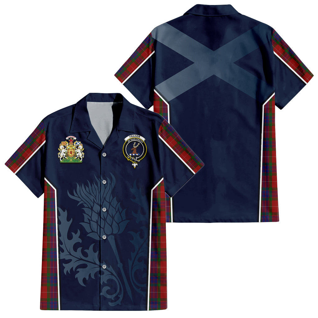 Tartan Vibes Clothing Fraser Tartan Short Sleeve Button Up Shirt with Family Crest and Scottish Thistle Vibes Sport Style